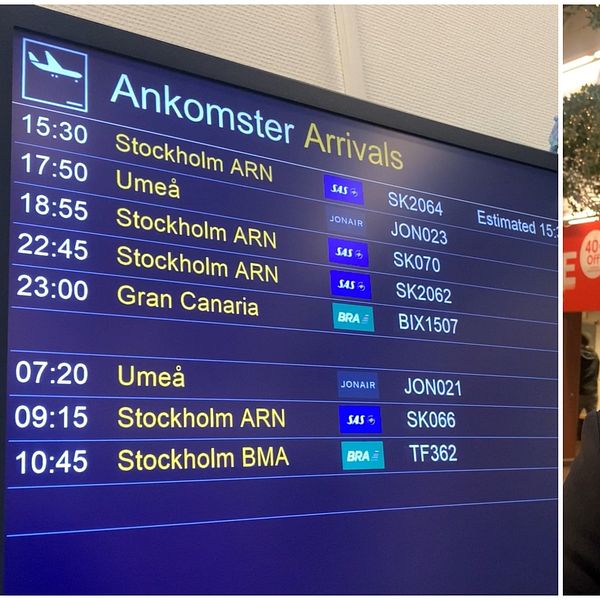 Ankomsttavla som visar flygtider för ankomster till Stockholm, Umeå och Gran Canaria, med information om avgångs- och ankomsttider. En person står i en terminalmiljö, vilket tyder på en resesituation.