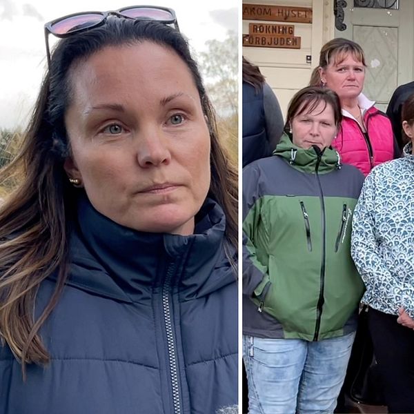 Delad bild – till vänster en kvinna med brunt hår och mörkblå jacka, till höger flera kvinnor som arbetar som undersköterskor inom hemtjänst- och äldrevården i Älvdalen