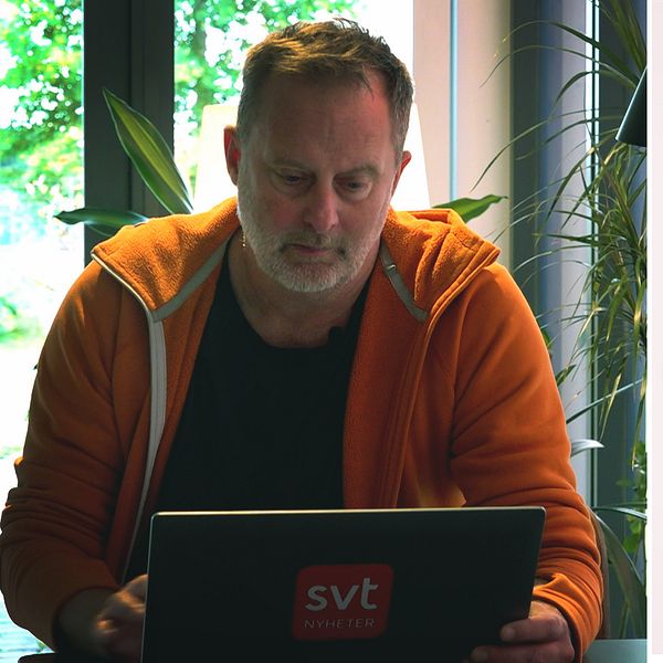 En person sitter framför en bärbar dator och kommunicerar via meddelanden på skärmen. Bakgrunden består av stora fönster med grönskande växter utanför. Textmeddelandena handlar om en fråga rörande tillgänglighet av en vara.