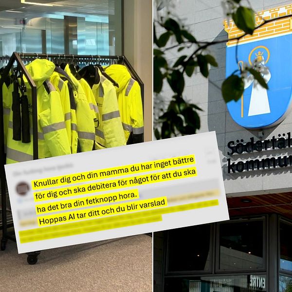 bild på gula bygglovsjackor, ett ilsket mejl, Södertälje kommun och en man i svart t-shirt