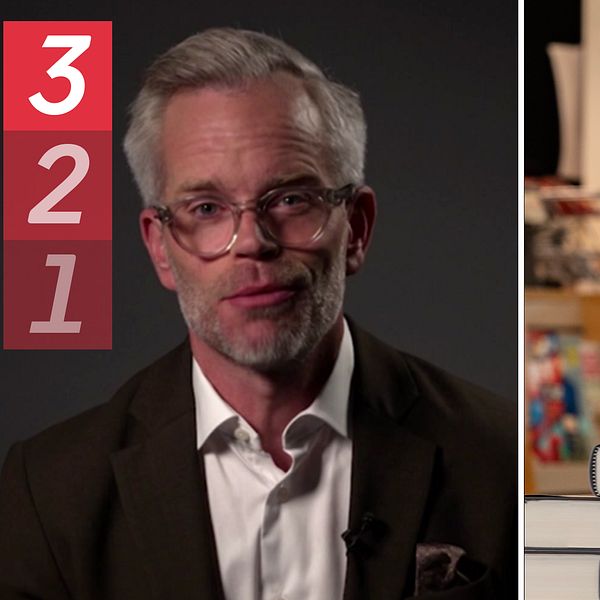Alexander Norén i bild till vänster och en trave med Elon Musk-böcker till höger.