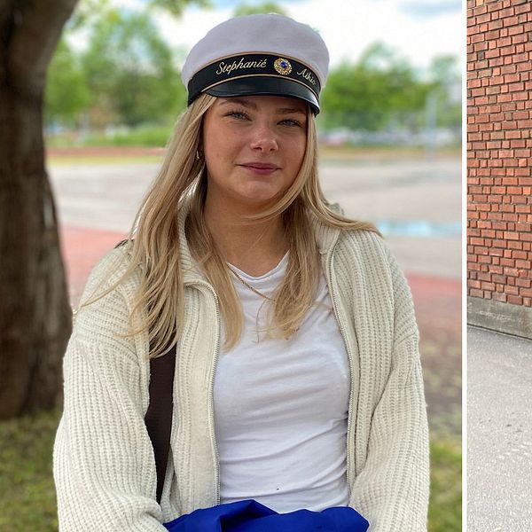 Två studenter som går ut från Hedbergska gymnasiet i Sundsvall. Båda har vit studentmössa på huvudet.