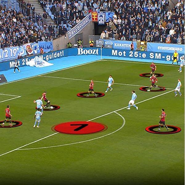 Delad bild. Till vänster: fotbollsanalyser med markeringar. Till höger: anfall nära mål.