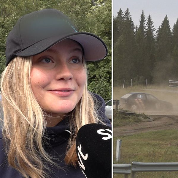 Delad bild på ung blond tjej i keps och folkracebilar på bana