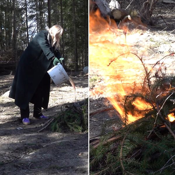 en kvinna häller vatten på eld, en liten brasa och en man i glasögon