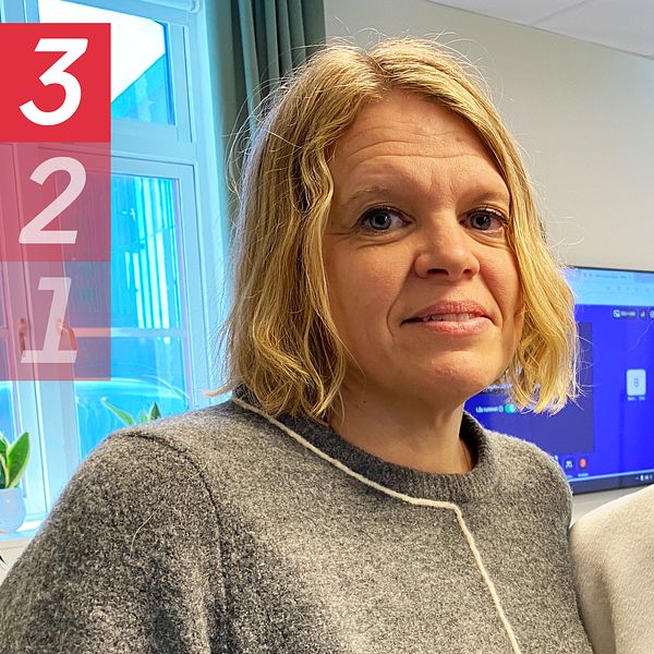 Två personer i kontorsmiljö med en nedräkningsgrafik.