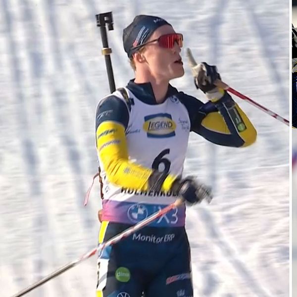 Delad bild. Vänster: Skidskytt på spår med gevär. Höger: Skidskytt firar med gevär.
