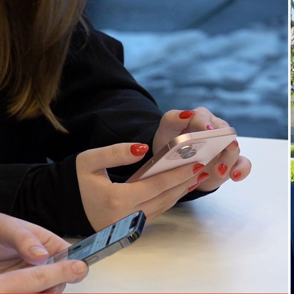 Delad bild – till vänster en person med röda naglar som sitter med sin mobiltelefon, till höger en bild på en man med grått och svarta glasögon