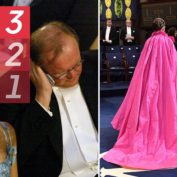 Tre kända ögonblick från Nobelfester genom åren. Göran Persson pratar i telefon, Sara Danius har sin stora rosa klänning och en servitör tappar en rotselleri på en gäst.