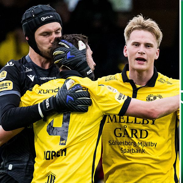 Delad bild. Vänster: fotbollsspelare firar mål. Höger: grafik över spelarflytt med flygplansikon.