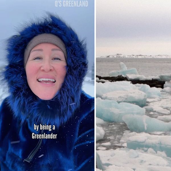 Tvådelad bild. Vänster: person i blå jacka. Höger: kvinna tar bild på arktisk kust.