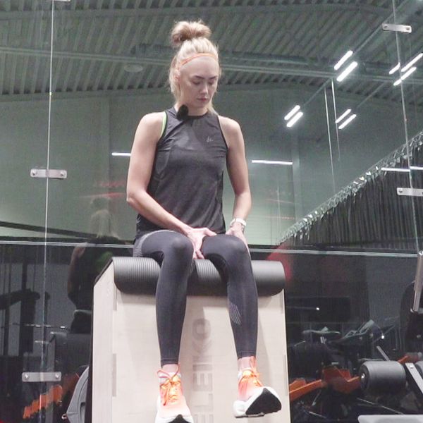 Bild på Ebba Larsson när hon tränar benen och en porträttbild.