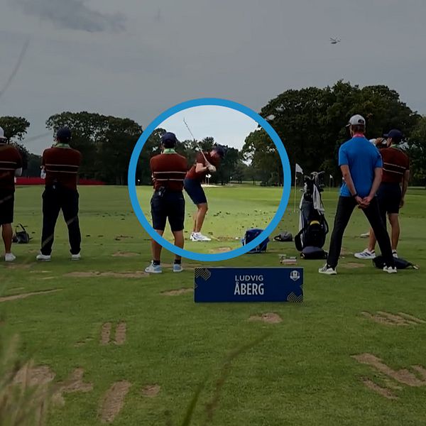 Ludvig Åberg tränar inför avgörandet i Ryder Cup, iförd lagkläder på golfbanan.