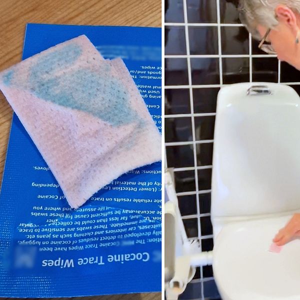 Delad bild – till vänster en rosa servett som blivit delvis blå. Till höger en bild på en dam i blå tröja som använder en rosa servett på en toalettstol.