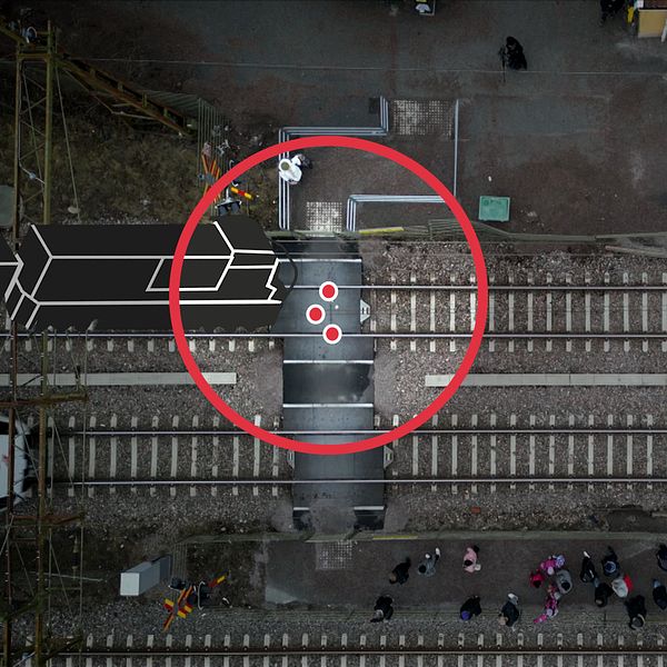 En drönarbild på järnvägsövergång vid Södra station i Örebro.