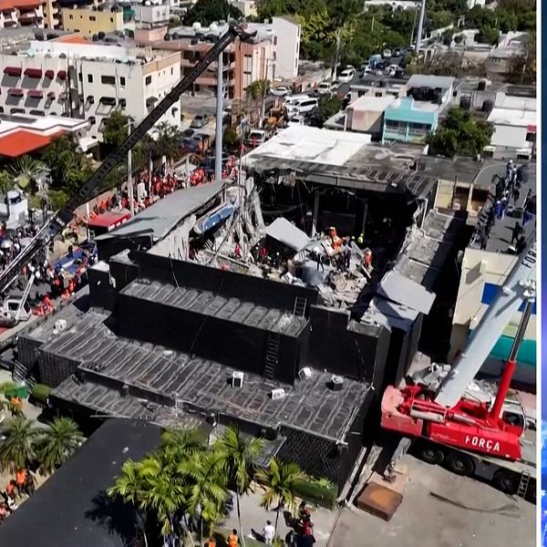 Tvådelad bild. Vänster: byggnadskollaps i stadsområde. Höger: nattklubb med ljusshow.