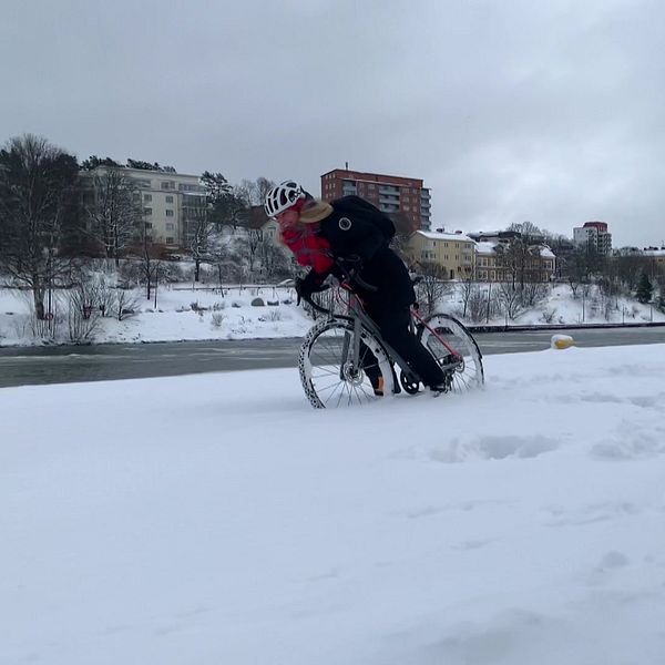 Vintercykling, en kvinna på cykel kämpar sig fram i snö