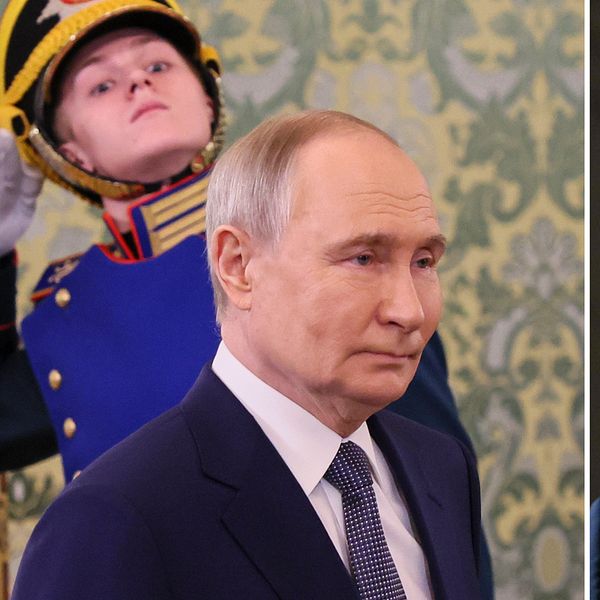 Tvådelad bild. Vänster: Rysslands president Vladimir Putin. I bakgrunden syns en uniformerad vakt. Till höger: USA:s president Donald Trump.
