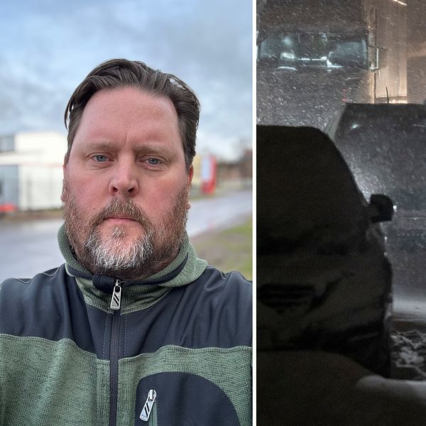 Jens Lindström på ena sidan, andra delen av bilden är från snökaoset på E22