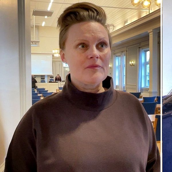 Två kvinnor, en i brun tröja, en i blå skjorta