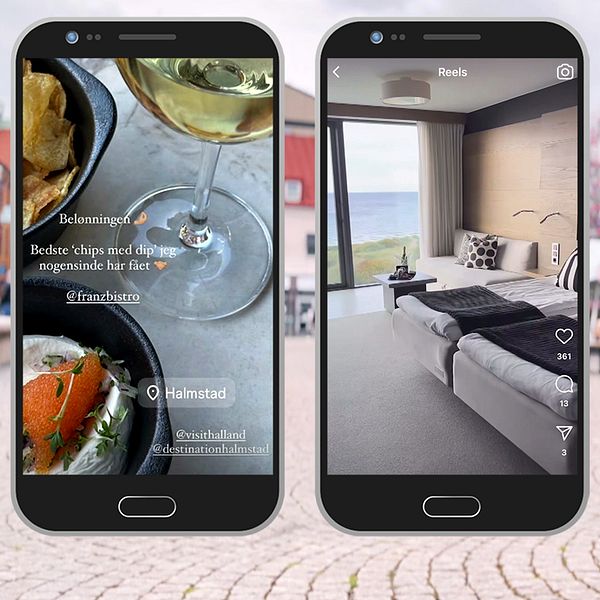 Två mobiler visar mat och hotellrum. Till höger: reporter med mikrofon utomhus.