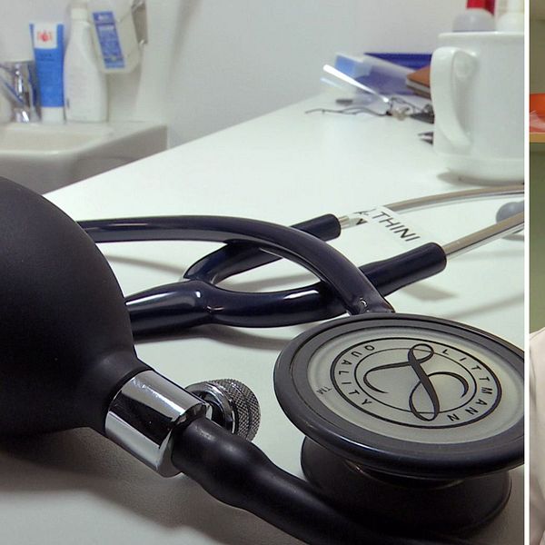 Bild med två sektioner: Vänster sida visar en närbild av ett stetoskop och blodtrycksmätare placerade på ett skrivbord i en medicinsk miljö. Höger sida visar en sjukvårdspersonal iförd vita och blå sjukhuskläder i en klinisk miljö.