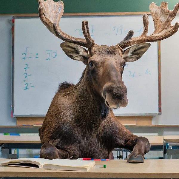 Älg som sitter i skolbänk samt leende man