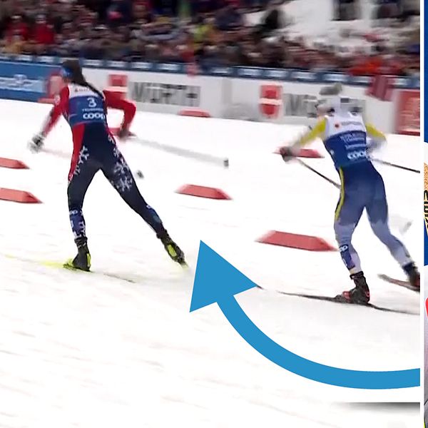 Tvådelad bild. Vänster: längdskidåkare i tävling. Höger: skidtävlingsdeltagare i närbild.