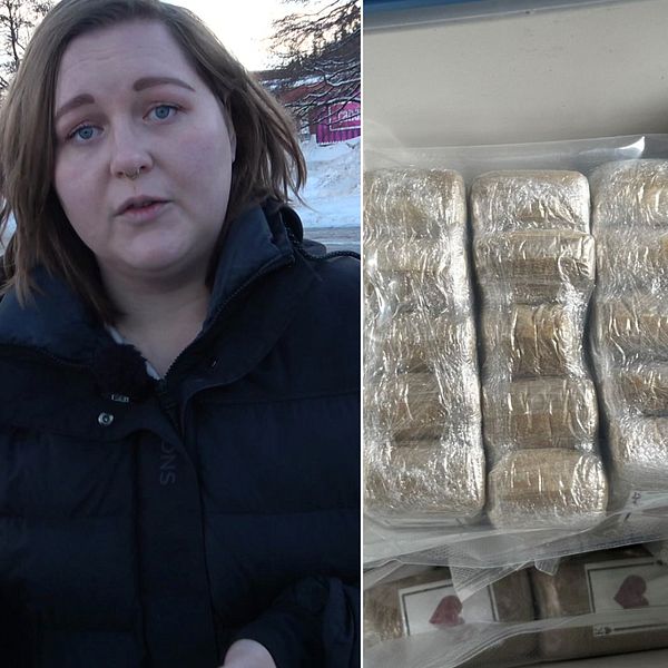 Bilden är uppdelad i tre sektioner: i den första sektionen syns en person utomhus på vintern bredvid ett suddigt ansikte; i den andra sektionen visas en rad buntar av förmodligen illegala substanser inslagna i aluminiumfolie; i den tredje sektionen ligger flera buntar av svenska 500- och 200-kronorssedlar uppradade på ett bord.