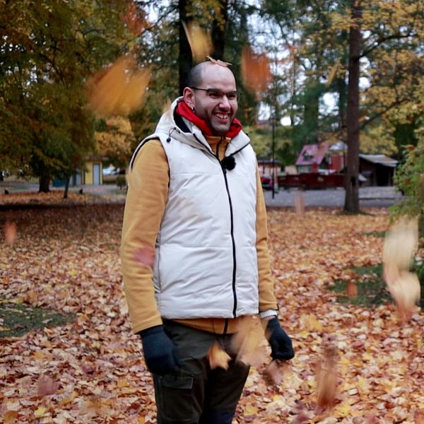 Alexander Fahssi kastar löv omkring sig och skrattar