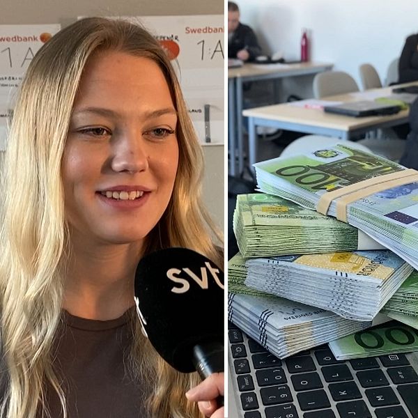 Två elever i åk 3 på Grillska gymnasiet i Västerås och några sedelbuntar.
