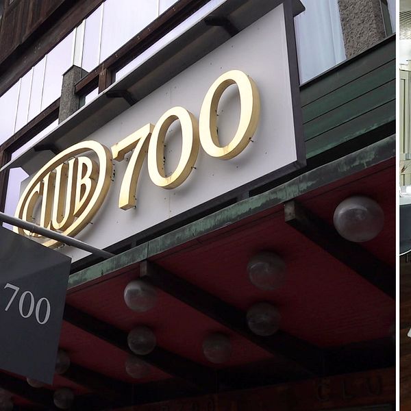 Tvådelad bild. Vänster: Entréskylt ”Club 700”. Höger: Dukat bord med skyltar där det står  ”arabiska”, ”somaliska” och ”tolkar”.