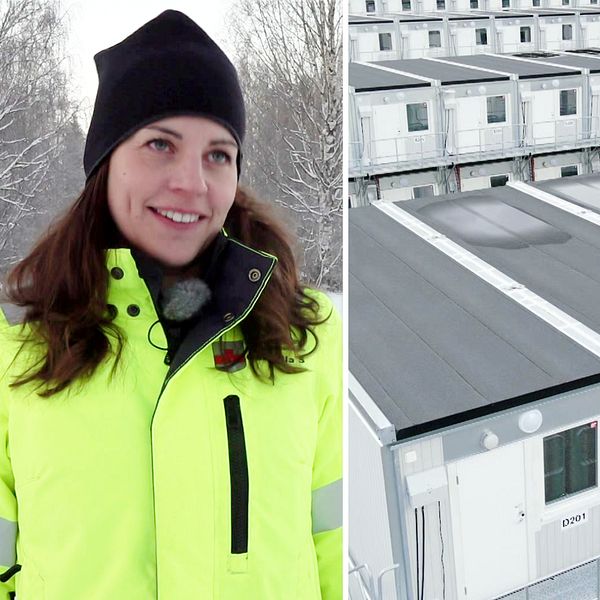 Gabriella Snell, projektledare på Bodens kommun samt bilder på baracker vid Nortvolt i Skellefteå..