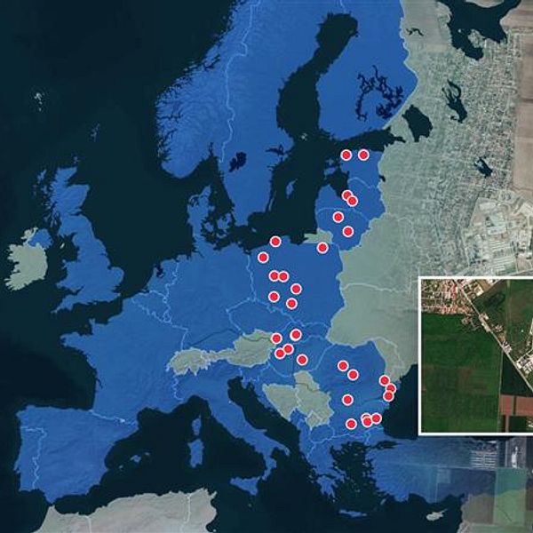 Tredelad bild. Till vänster: Europakarta med markeringar. Till höger: två flygfoton över flygplats.