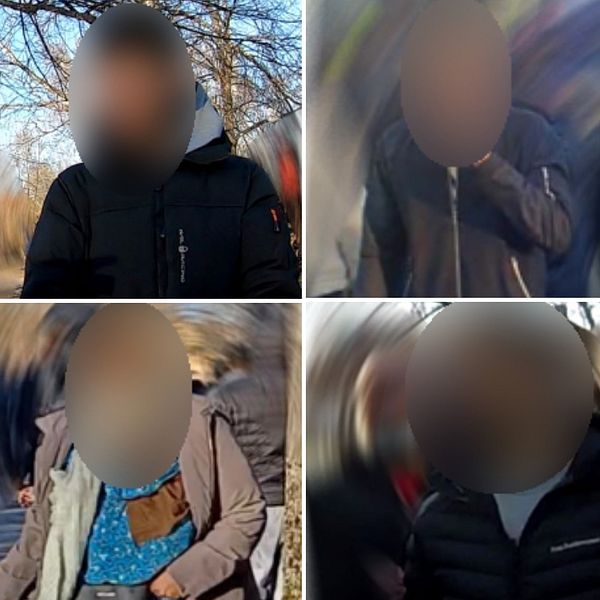 Maskerade bilder på sex av de 51 personer som polisen söker efter upploppen. Bilderna är tagna i samband med påskupploppet i Sveaparken.