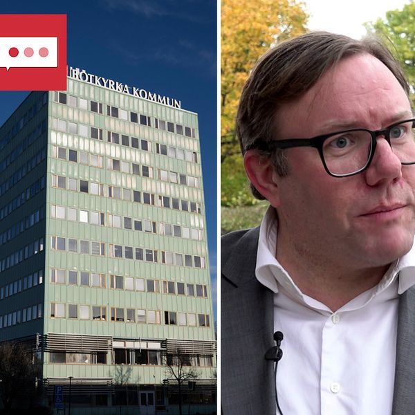Tredelad bild med Botkyrka kommunhus till vänster, man med glasögon i mitten och Salems kommuns skylt till höger