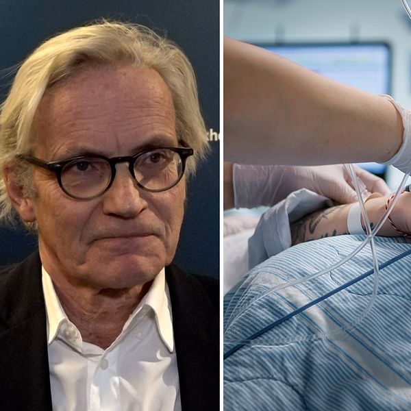 tv i bild, Johan Bratt, th i bild, närbild på sjukvårdspersonals händer och en patienthand