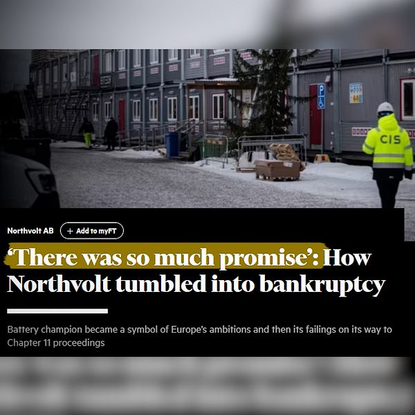 Artikelbild med bankrubbning: Byggarbetsplats, person i CIS-jacka, och Northvolt-rubriken.
