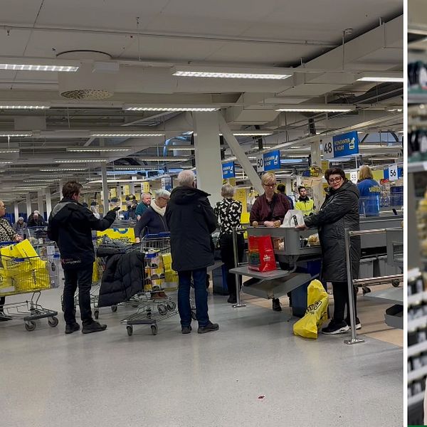Till vänster besökare vid kassorna på varuhuset Gekås i Ullared. Till höger en av besökarna.