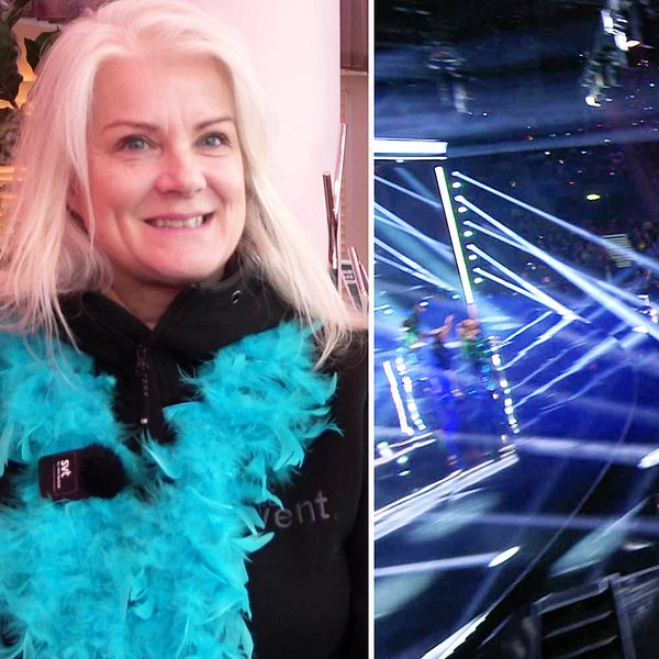 En delad bild: till vänster syns en person med en turkos boa runt halsen och en svart jacka, och till höger visas en arena fylld med en stor publik samt ljus- och scenarrangemang som skapar en festlig stämning.