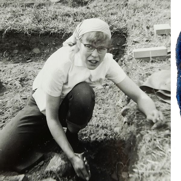En kvinna i skarf och hornbågade glasögon på svartvit bild som gräver och en bild på en glasbit som är blå
