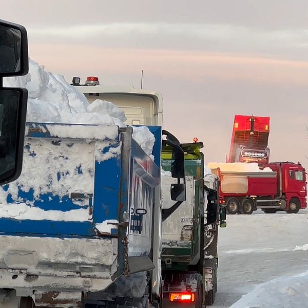 En delad bild med två sektioner. Den vänstra delen visar snötransportfordon som arbetar på en vinterväg, med stora snömängder som lastas på en sopbil. Den högra delen visar en närbild av en person, som står utomhus i en stadsmiljö.