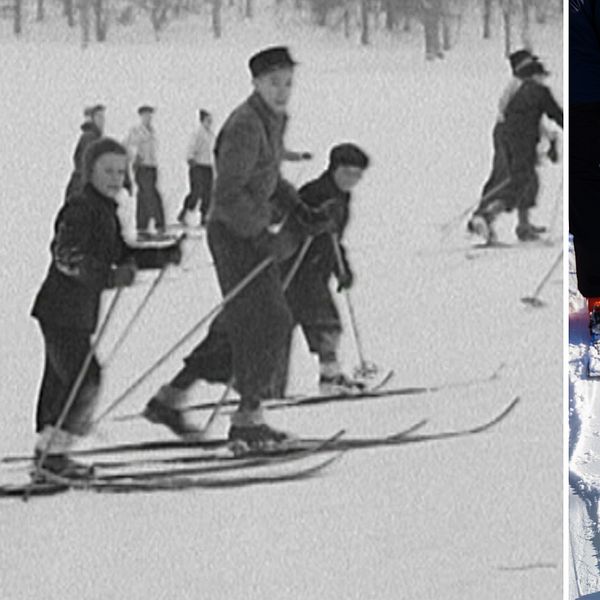 Delad bild av skidåkning, till vänster en svartvit scen från förr med en grupp vuxna och barn på skidor, klädda i äldre tiders vinterkläder, och till höger en modern färgbild av ett barn i blå skidutrustning och grön hjälm som står på snön med andra skidåkare i bakgrunden.