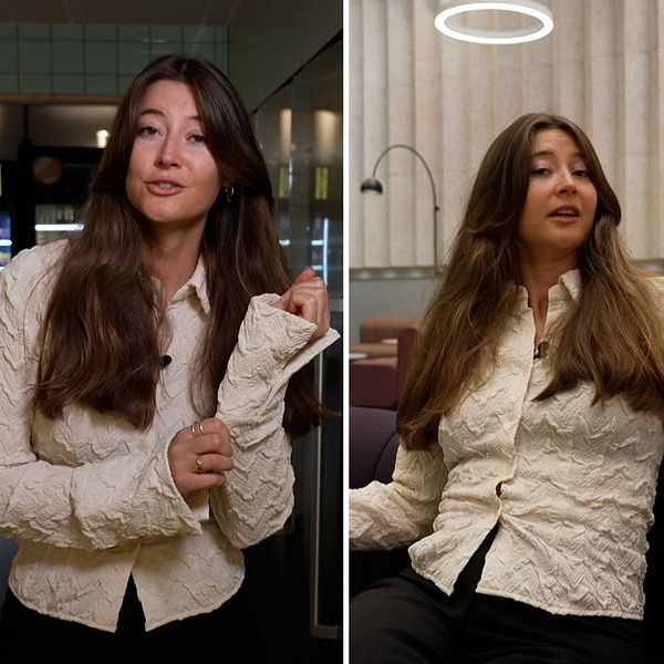 SVT:s reporter Victoria Scott visar exempel på mikroplaster från kläder och inomhusmiljö.