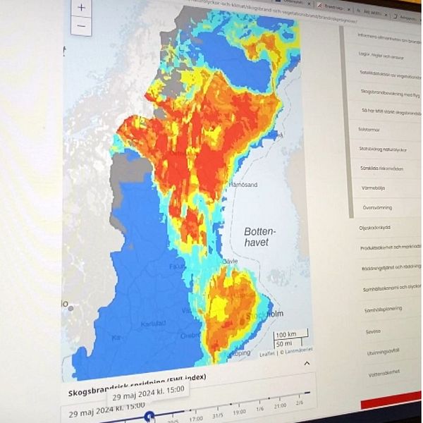 MSBs prognos för brandrisk visar att norra och östra Jämtland har extremt stor brandrisk under onsdag den 29 maj.