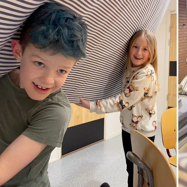 Delad bild – till vänster en bild på två unga barn som bär en randig skumgummimadrass tillsammans, till höger ser man flera personer som bär fler skumgummimadrasser i Sälens skola inför Vasaloppet.