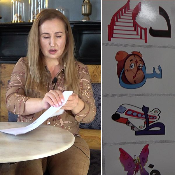 En modersmålslärare som öppnar ett brev och en affisch av olika bokstäver på arabiska