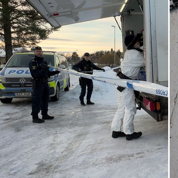 Arkivbild från brottsplatsen där poliser, tekniker, polisbil och avspärrningsband synd. I en annan bild syns en kniv som hittades på brottsplatsen i Boden