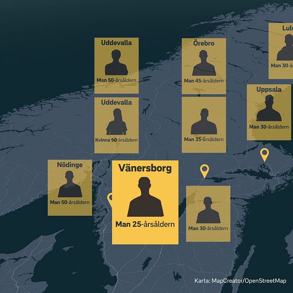 Kartgrafik med nio olika personer från olika platser i Sverige.