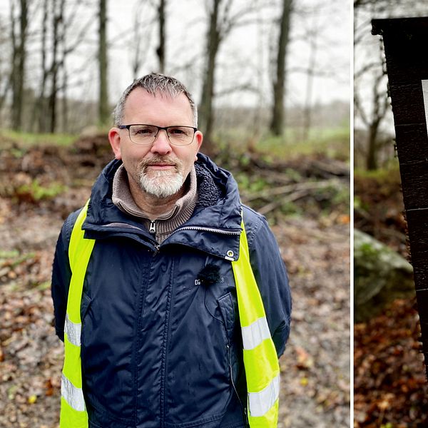 Dubbelbild med dels en man, renhållningsingenjören Johan Ekelund, framför en kompost i Jämshög och en dels en bild på en skylt med texten stängt.